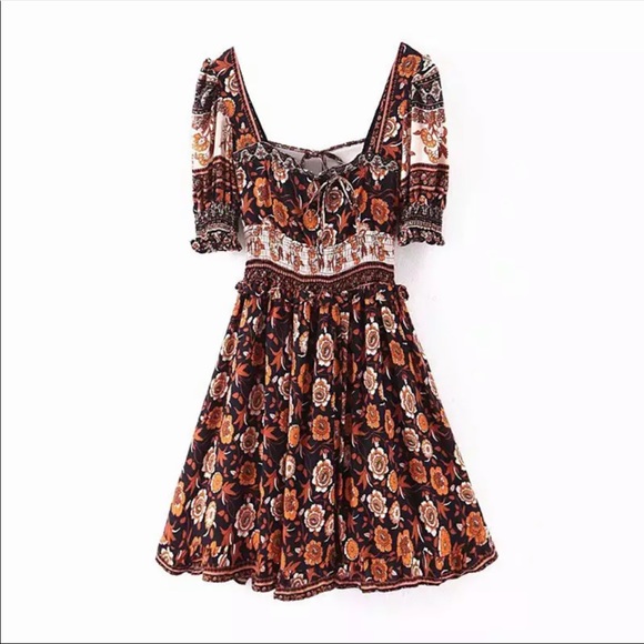 Milkmaid Puff Sleeve Boho Floral Print Dress Black - Picture 3 of 6